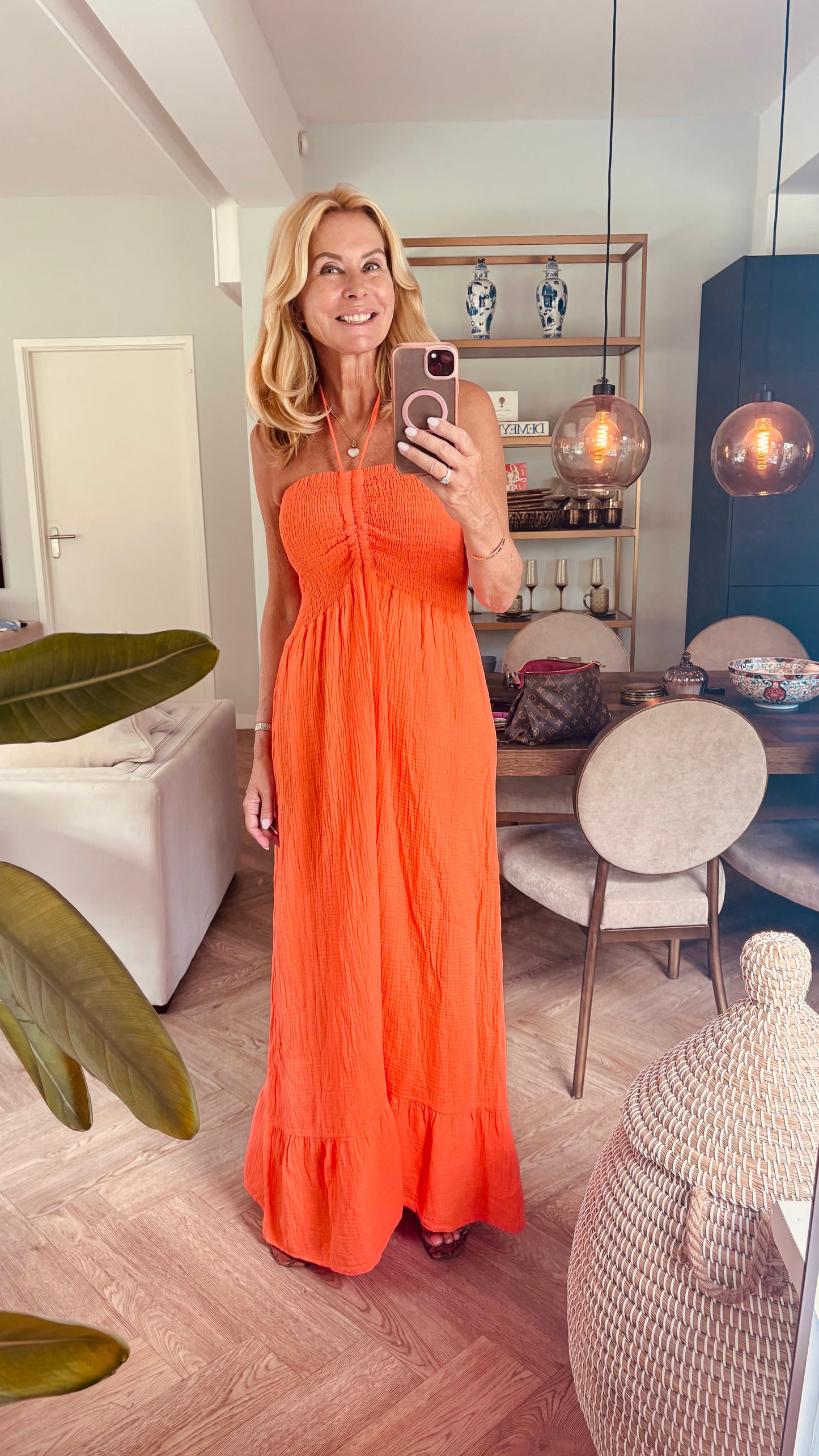 Strapless maxi jurk oranje