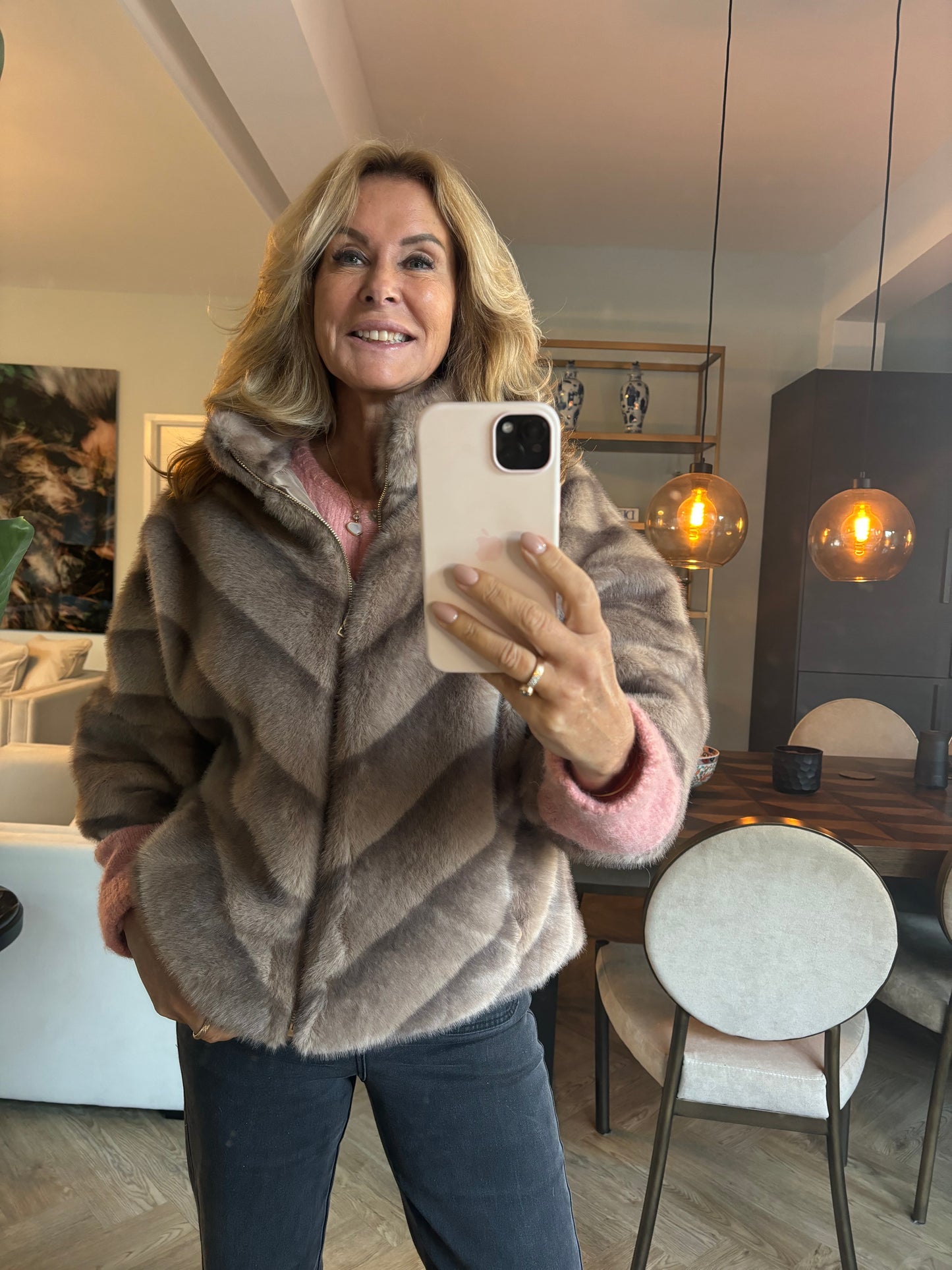 Jas Fake Fur Taupe streep