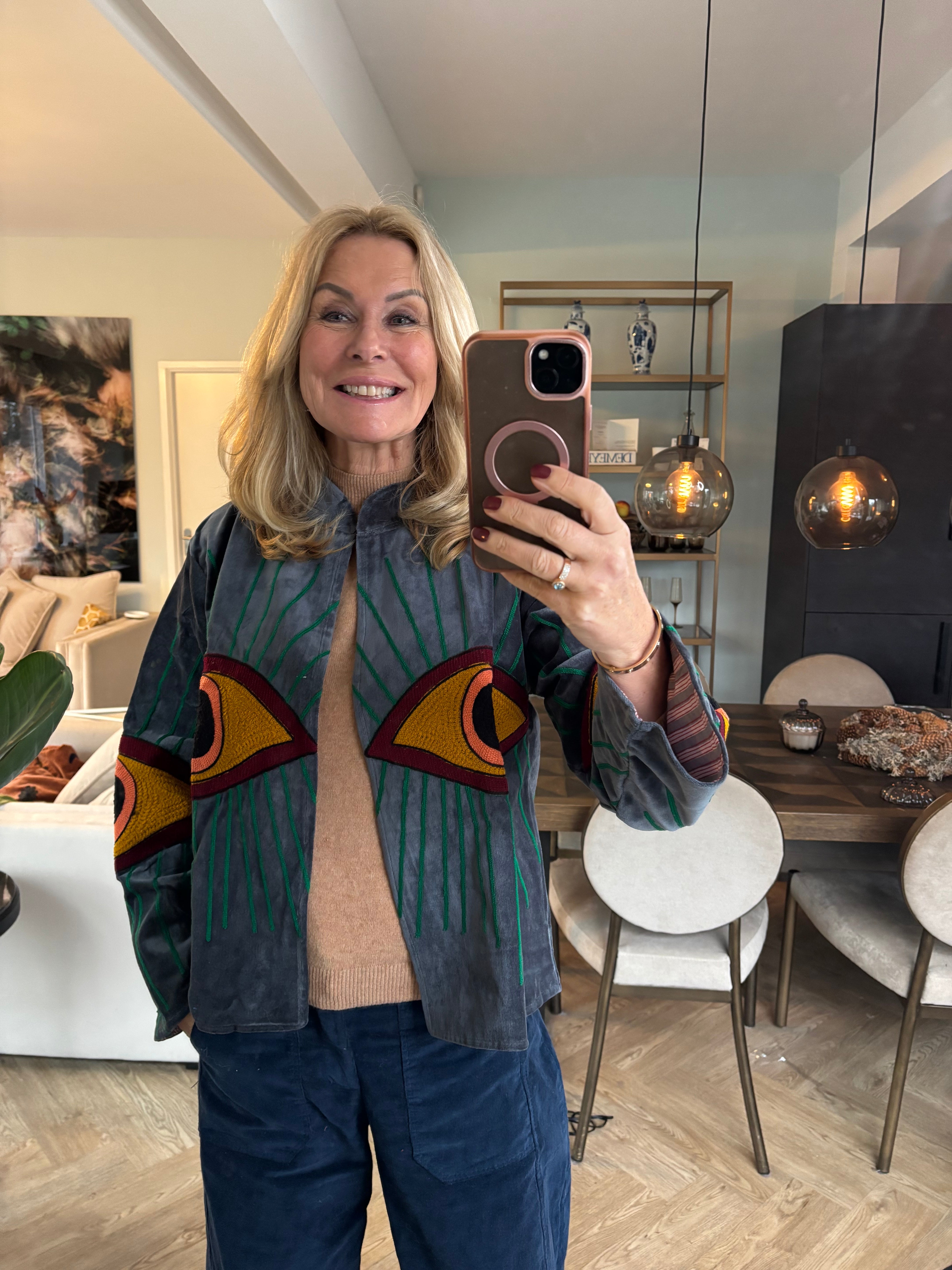 Jas velvet grijs oog oranje