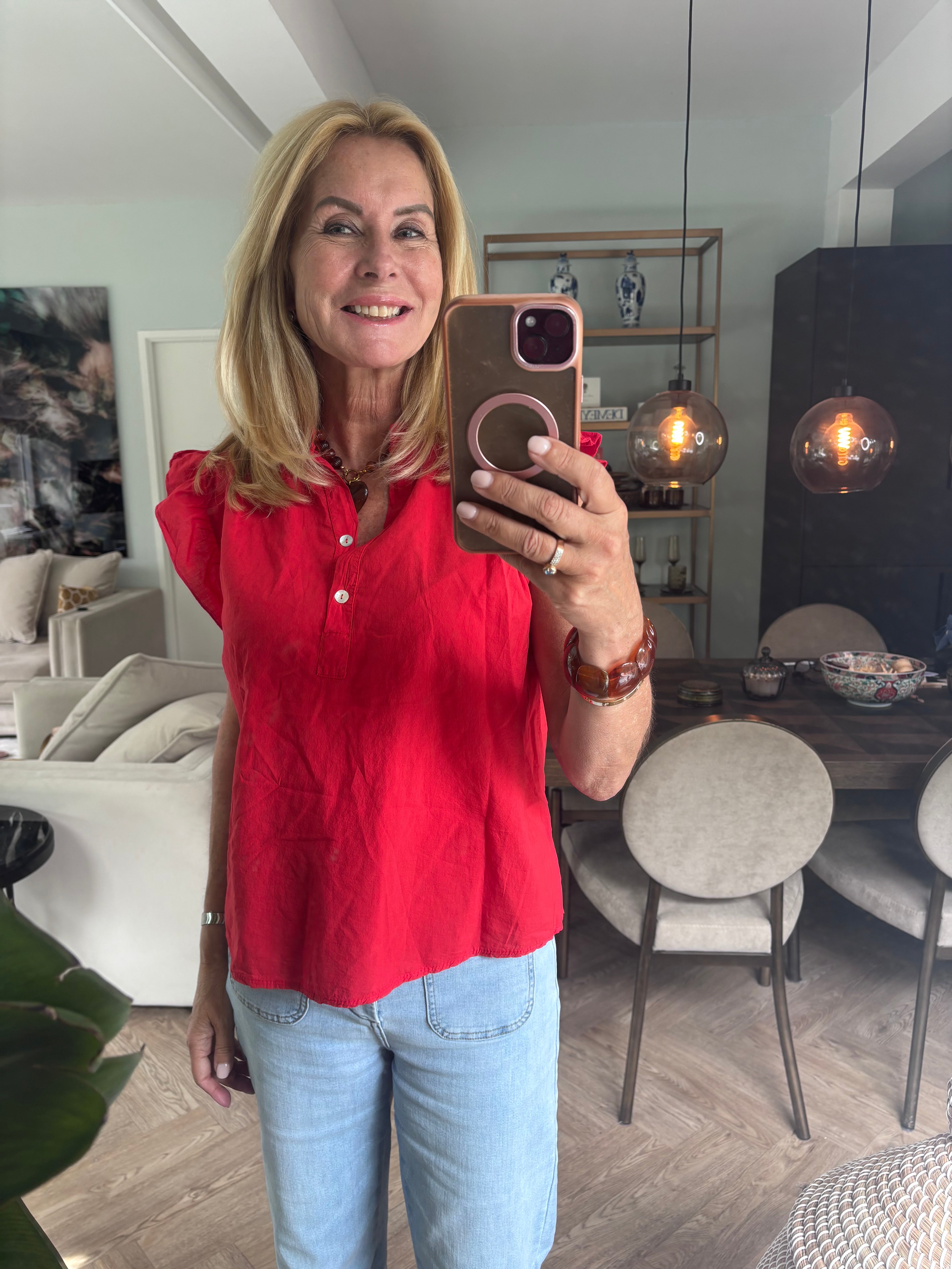 Blouse v hals rood roesel