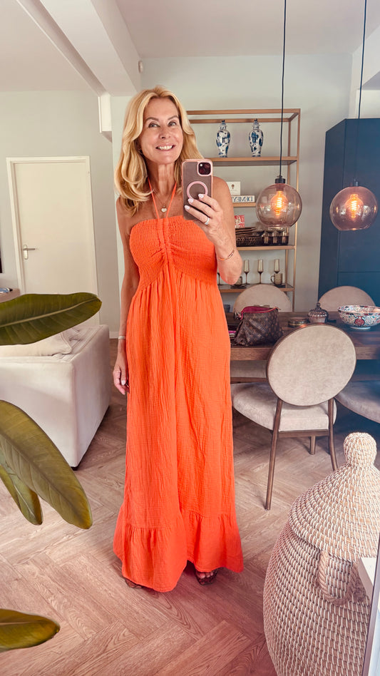 Strapless maxi jurk oranje