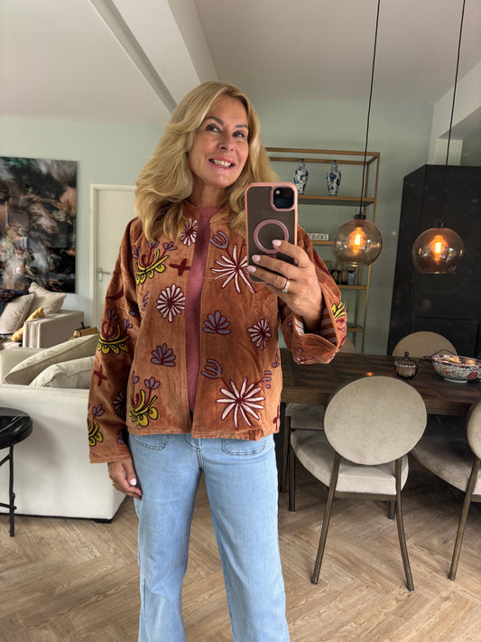 Coat velvet tiger camel